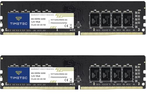 Timetec 16GB Kit(2x8GB) DDR4 3200 MHz (PC4-3200AA) PC4-25600 UDIMM – Sin ECC, sin búfer, 288 Pines, 1,2V CL22, Memoria RAM para Ordenadores de sobremesa.