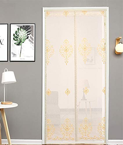 LIVEINU Fliegengitter Tür Insektenschutz Linen Magnet Vorhang Fliegenvorhang Leinen Moskitonetz Klebmontage Ohne Bohren für Balkontür Wohnzimmer Terrassentür Blumen Stickerei Gelb 120x210cm