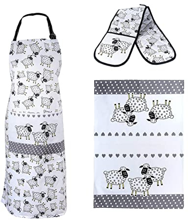 SPOTTED DOG GIFT COMPANY 3er Set - Abtrockentücher Küche Küchentücher Baumwolle, Küchenschürze und doppelter Ofenhandschuhe Hitzebestaendig Schafmotiv, Schaf Geschenk für Schafliebhaber Tierliebhaber