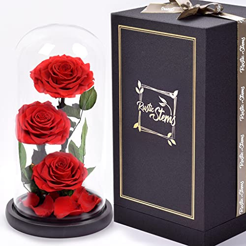 RUSTIC STEMS Luxury Preserved Real Rose Glass Dome Eternal Flower Forever Beauty Beast Love Gift for Mom Women Wife Girlfriend Valentine’s Wedding Birthday Anniversary Christmas Decor