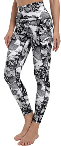 Free Leaper High Waist Sport Leggings Damen zum Joggen mit Schwarze und Weiße Rose-Print Gym Fitness Yogahose mit Handytaschen (Rose, XS)