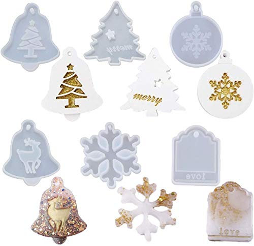 6 Pcs Christmas Resin Moulds, Xmas Bell Tree Snowflake Elk Wolf Molds Epoxy Pendant Necklace Jewelry Making Mould for Keychain Pendent Xmas Tree Ornament Decoration DIY Gift