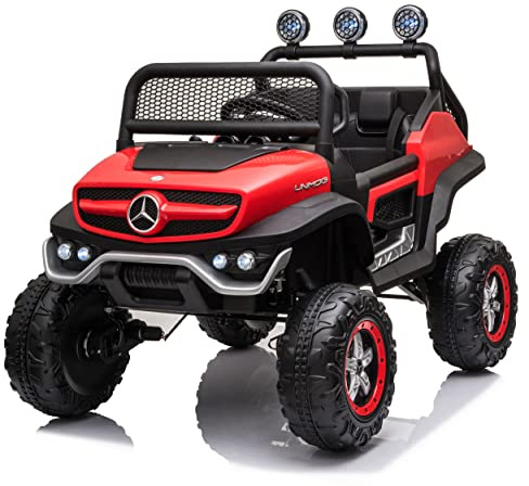 BabyCoches - Coches eléctricos niños Mercedes UNIMOG 4X4-4 Motores, Potente Batería 12V10Ah, Ruedas EVA, Asiento 1 Plaza Acolchado y Mando Control Remoto para Padres (Rojo)