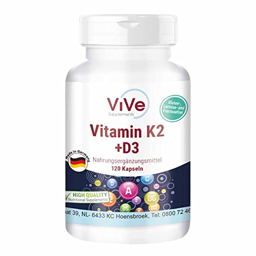 Vitamin K2 200 mcg Menaquinon MK7 + D3 10.000 I.E. Depot - 120 Kapseln, hochdosiert, nur eine Kapsel alle 10 Tage | Qualität aus Deutschland von ViVe Supplements