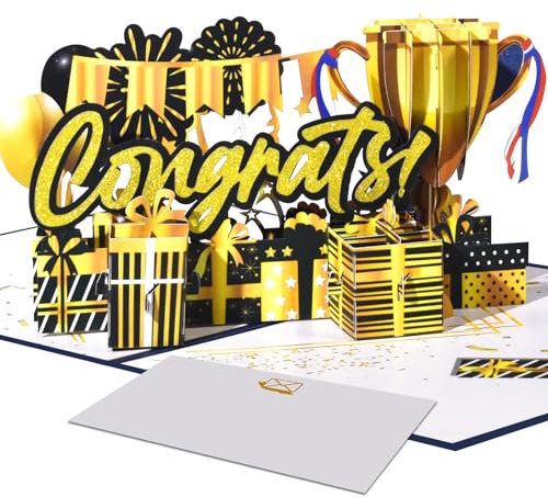 Magic Ants 3D Pop-Up Karte – Herzlichen Glückwunsch! mit Goldtrophy, Ballons und Geschenken – für Abschluss, Beförderung, Geburtstag, Erfolge und Feiern – Inklusive Umschlägen und Notizkarte