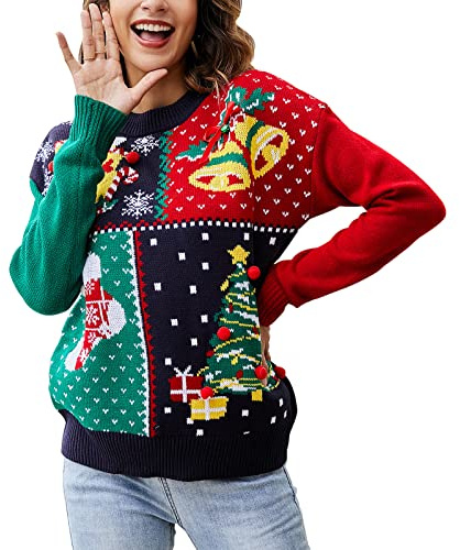 IFFEI Womens Ugly Christmas Sweater Novelty Print Crew Neck Sweater Square L