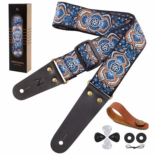 Nefelibata Gitarrengurt, Vintage bestickte Baumwollgitarrengurte mit Echtlederenden für Bass-, Elektro- & Akustikgitarren, mit kostenlosem Gurtknopf, 1 Paar Gurtschlössern und 4 Gitarrenplektren