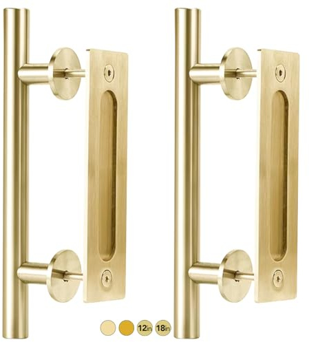 Rio Salto Juego de manijas de puerta de granero de latón cepillado dorado de 12 pulgadas, manijas de puerta de armario de acero inoxidable, manija de tracción y manija empotrada, manijas grandes y