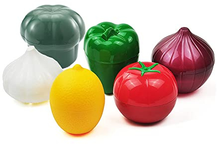 eamve 6-pack frukt- och grönsaksförvaringsbehållare, grönsaksformade sparare, kylskåp grönsaker krisper för tomat, lök, vitlök, citron, grön peppar och broccoli behållarhållare, matförvaring