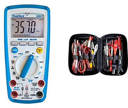 PeakTech 2180 – Digitales Multimeter mit LCR-Meter - CAT III 1000 V & Peak Tech P 8200 – Messzubehör Set für Digital Multimeter, Prüfkabel Set, Elektronik Sortiment mit Prüfkabel - 14-teilig
