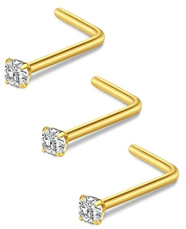 FECTAS Nasenpiercing L Form Nasenpiercing Stecker 18G 20G L Shaped Nasenstecker Nose Piercing Schmuck Edelstahl 1,5mm 2mm 2,5mm 3mm Diamant Silber Gold Schwarz