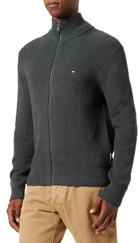 Tommy Hilfiger Herren Strickjacke Cardigan mit Reißverschluss Rib Zip Through Baumwolle, Grau (Dark Grey Heather), S