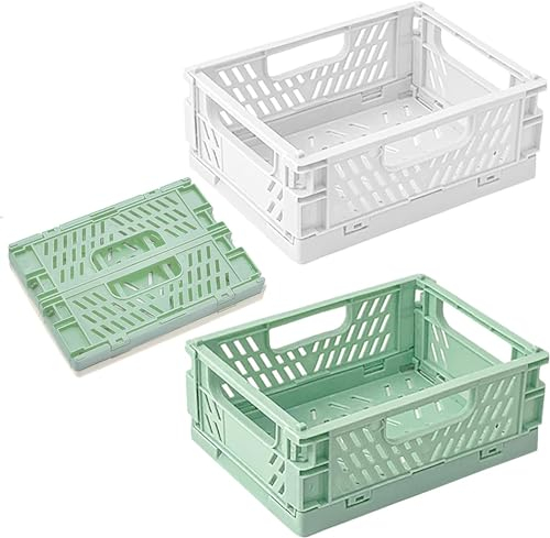 WSAMJIN 2 Stück Groß Klappkiste, Stapelbar Klappkisten, Plastic Klappkorb Bunt Klappbox Mini Aufbewahrungskiste Korb Aufbewahrung für Regal Büro Schlafzimmer Badezimmer - 30×20×12 cm