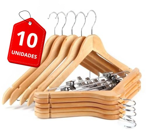 Percha de Madera Con Pinzas Metálicas y Gancho Giratorio 360° Para Ropa, Pantalones, Camisas, Faldas, Trajes y Chaquetas - Antideslizante (10)
