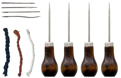 4 Awls with Wooden Handles, 4 Hand Sewing Needles, 3 Rolls of Sewing Thread, Tailor's Awl, Sewing Awl Tool, Gourd-Shaped Wooden Awl, Leather Hole Punch