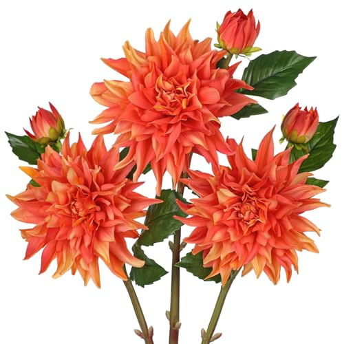 Hollyone 3er Set Künstliche Dahlien Kunstblumen Wie Echt, 71cm Stiele Seiden Dahlien mit Großen 15cm Blüten, Orange Faux Blumen für Heimdeko, Hochzeit, Tafelaufsätze, Blumenarrangements