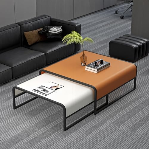 SFJATTA Wohnzimmertisch Modern Satztisch Set, weiße Couchtische für kleinen Raum, Couchtisch mit Stauraum, Für Kleine Räume/Wohnzimmer/Schlafzimmer(White-orange)