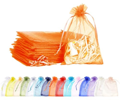 100 Stück Orange Organzasäckchen ,9x12cm Kleine Geschenkbeutel Organzabeutel Organza Beutelchen mit Kordelzug Sie als Hochzeit Bonbonsbeutel,Schmuckbeutel,Weihnachtsgeschenke,Geburtstag Party