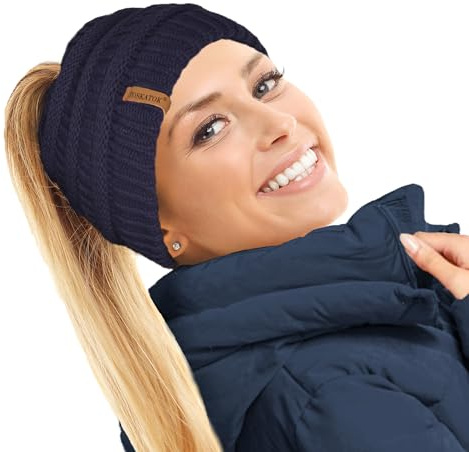 TOSKATOK Termisk teddyfleece fodrad hästsvans mössa hatt, Marinblått Xsp, en storlek