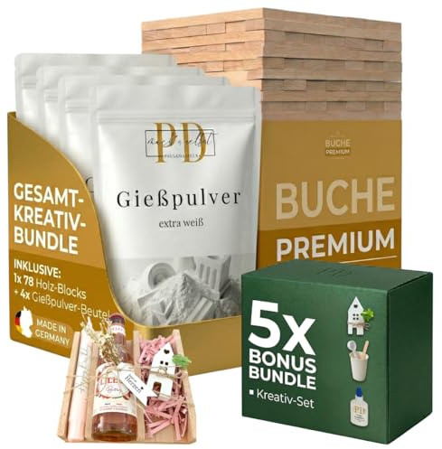 PD Gießpulver weiß 2kg + 78x Buche Premium Holzklötzchen zum Basteln - Reliefgießpulver weiß für kreative Projekte, ab 14