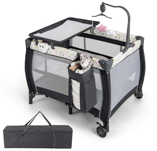 COSTWAY 3-i-1 sidosäng, resesäng med madrass, hängande leksak, speldosa, skötbord och bärväska, 2 nivåer, babysäng med hjul för baby upp till 36 månader (färgglad)