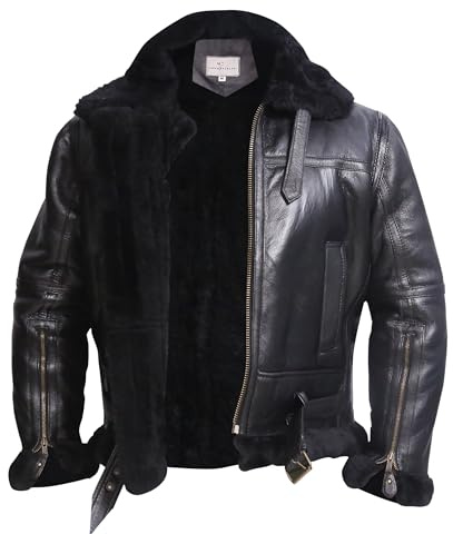 MARCO ENZOLANI RAF Bomber Bomber Jacket Aviator Real Shearling Sheepskin Leather Jacket (Ginger Black- 2XL)