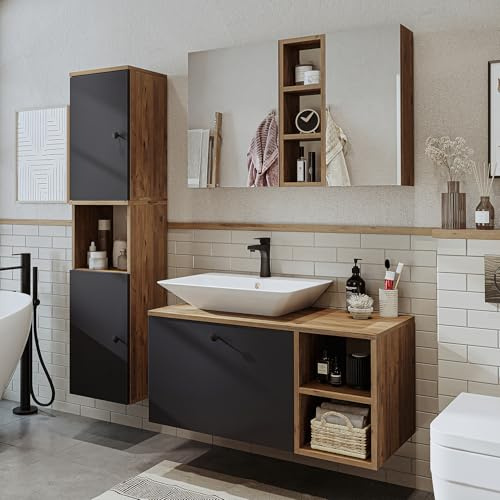 ROOMART Badezimmermöbel-Set Lotus I, 95 cm, 4-teilig – mit Keramik Waschbecken, Spiegelschrank, Unterschrank mit Seitenschrank – modernes Badmöbel Set (Anthrazit-Eiche, Komplett-Set)