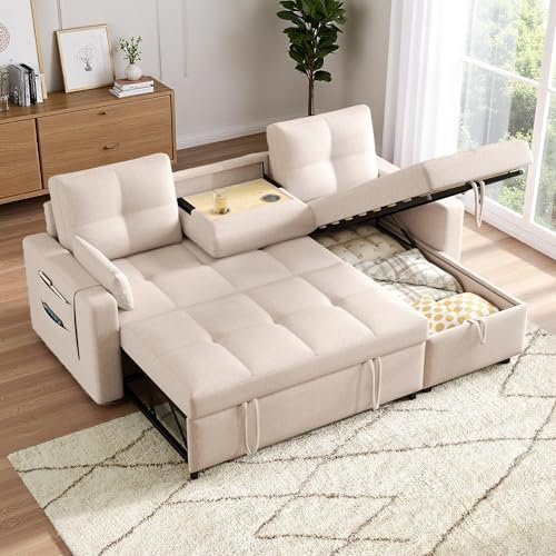 Seyakany Sofá esquinero Convertible con espacio de almacenamiento y portavasos abatible, sofá convertible de 3 plazas, moderno en forma de L, sofá cama nido y lino (Beige)