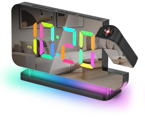 Sukeen Projection Alarm Clock,7.4 LED Mirror Digital Clocks Large Display,with 180° Rotatable Projector,RGB Night Light,USB C Port,Auto Dimmer,Desk Clock for Heavy Sleeper Bedroom Teens Adults Girl