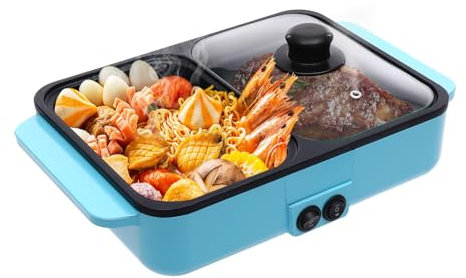 MJMLUCK 2-in-1 Electric Hot Pot with Grill, Multifunctional Electric Baking Tray Portable Hot Pot with Grill Fast Heating Electric Hot Pot and Frying Pan for BBQ Steaks Noodles(Blue)
