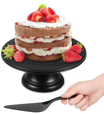 12 Inch Cake Stand, Bamboo Fiber Round Dessert Display Tray with Cake Spatula, Baking Supplies for Cakes Making, Afternoon Tea Table Snack Pan for Party Baby Shower Wedding Birthday(Black)