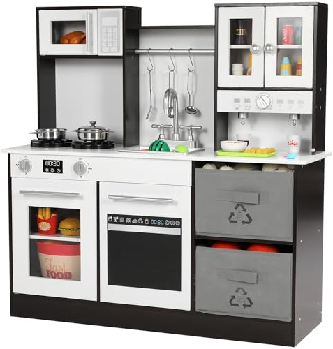 MAMIZO Cuisine en Bois Enfant avec Effets Lumineux et Sonores Simulés | Jouet Culinaire avec 2PCS Boîtes de Rangement, pour Enfants 3 Ans, Crèches et Jardins d'enfants, 90x30x90 cm, Marron