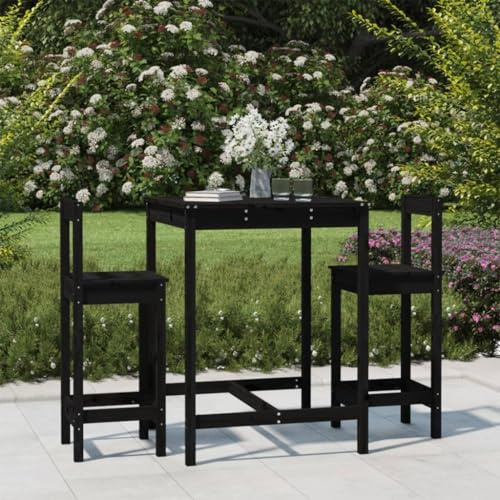 Qnhdfrt Gartenbar-Set Schwarz aus massivem Kiefernholz 82,5 x 82,5 x 110 cm mit 2 Barhockern und Rückenlehne Robustes 3-TLG. Bierzeltgarnitur Set für Terrasse Balkon und Garten