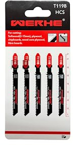 WERHE Stichsägeblätter T119B HCS, für Holz bis 15 mm, T-Schaft, 5er-Pack | Zahnteilung 2,0 mm, Gesamtlänge 76 mm, kompatibel mit Bosch, Makita, Metabo, Milwaukee, Parkside, für Sperrholz, Laminat