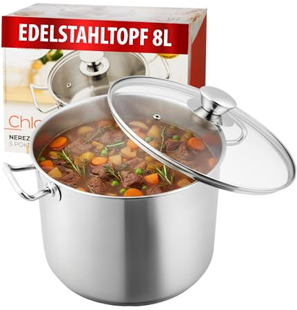MAGIC HOME Edelstahl Kochtopf 24 cm 8 L mit Glasdeckel | INDUKTION | Großer Topf, Suppentopf mit Deckel | 24cm | Induktionstopf für Suppe Eintopf Gulasch | Satin-Finish | Alle Herdarten | Chloe
