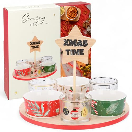 MIJOMA Servierset Weihnachten 7-teilig – 3 Porzellan- & 3 Glasschalen mit Weihnachtsdekor auf rundem Holztablett – Inklusive Deko-Stern – Festliches Tischset für Snacks & Dips