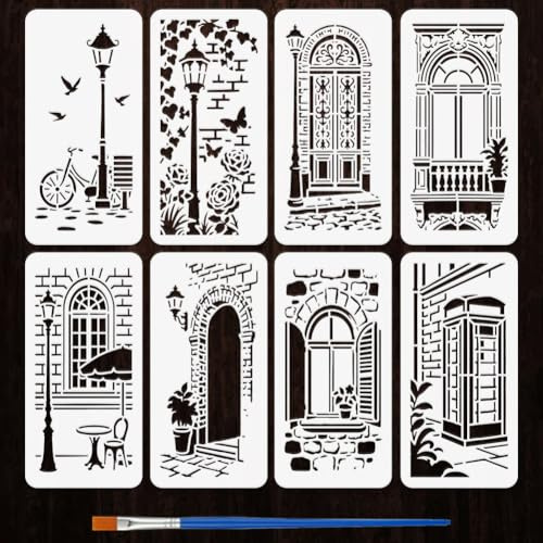 FINGERINSPIRE 8 plantillas de escena de calle francesa con pincel, 12 x 24 cm, plantillas de farolillos para ventanas, plantillas de dibujo vintage para paredes de madera, pintura sobre tela