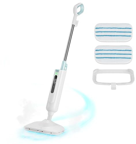 Steam Mop for Floor Cleaning, Lightweight Floor Steamer for Hardwood, Tile, Laminate & Carpet, Quick-Heat Steam Cleaner with Visible Water Tank and 2 Washable Pads, White and Green