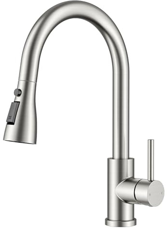 FORIOUS Grifo Cocina Extraíble, Torneira Cozinha, Grifo de cocina fregadero giratorio 360°, adecuado para fregaderos de curva alta, 2 modos, Acero Inoxidable