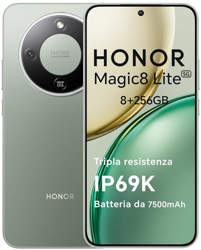 HONOR Magic8 Lite Smartphone 5G, 8+256GB, Tripla Resistenza-IP69K, 7500 mAh, Fotocamera AI 108 MP con OIS, Display AMOLED da 6.79 Pollici Cellulari, AI Intelligente, Dual SIM, NFC, Forest Green
