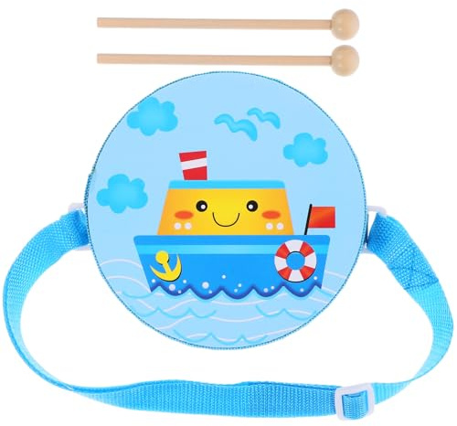 Hohopeti Tambour à Main en Bois Double Face Bleu Bateau Instrument de Percussion Éducatif pour Garçon et Filles Batterie Éducative Compacte et Légère Musical Portable pour Apprentissage