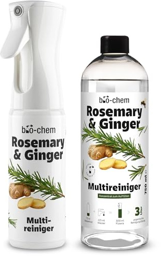 bio-chem Allzweckreiniger Konzentrat Rosemary & Ginger mit Flowra Refill | Duftsprühflasche mit 750ml Refill | für Küche, Bad, Glas, Möbel & Böden