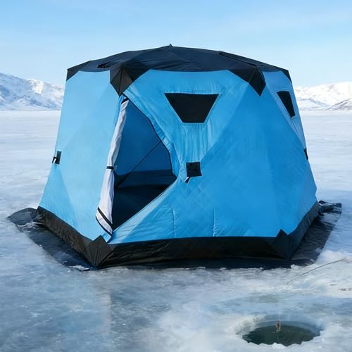 Isfiskeskydd – värmeisolerat popup-tält med snabb installation, 6-sidig design, vindtät kjol och blixtlåsdörr för utomhusbruk