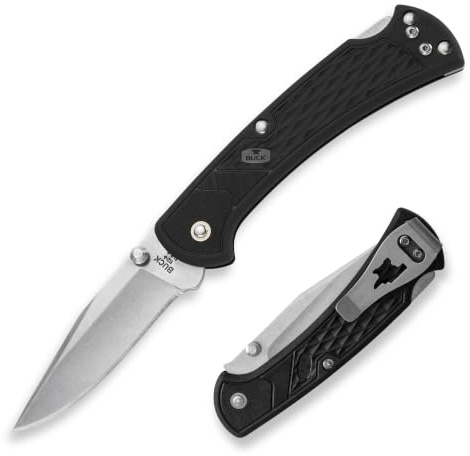 Buck Einhandmesser 112 SLIM SELECT, Stahl AISI 420HC, Pins, Back Lock, glasfaserverstärkter Nylongriff, Edelstahlclip | 7,6 cm modifizierte Clip-Punkt-420HC-Edelstahlklinge, Nylon-Griff, zusammenklappbares Alltagsmesser, hergestellt in den USA