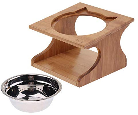 Backbayia Dog Cat Water Dispenser with Wooden Stand Stainless Steel Bowl
