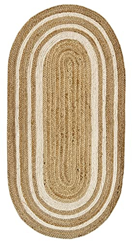 HAMID - Tappeto Alhambra di Iuta Ovale di Colore Naturale Bianco, Tappeto Fatto a Mano in Fibra di Iuta al 100%, per Soggiorno, Camera da Letto, Decorazione, (140x70cm Greca Bianca)