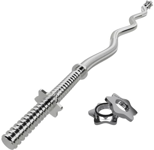GYM MASTER EZ Curl Bar with Spinlock Collars, 1-Inch Standard | Solid steel W-shaped bar with knurled grip positions and two threaded collars for bicep, tricep and forearm training