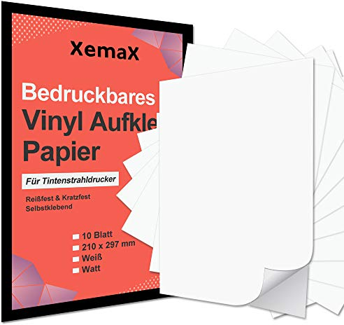 XemaX 10 Blatt Vinyl Sticker Papier zum Bedrucken, Selbstklebendes Papier Klebepapier A4 Bedruckbar, Matt Vinyl Aufkleber Papier Sticker Papier A4 (210 x 297 mm) for Tintenstrahldrucker Drucker