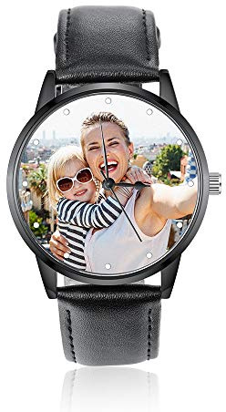 ALBERTBAND Uhr Damen Personalisierte Foto Uhren Lederband Uhren Frauen Männer Armbanduhr für Vatertag Mütter Geschenk (schwarz leder-43mm)