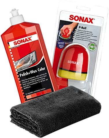 detailmate Hand Polier Set: SONAX Polish+Wax Color rot 500ml Politur + SONAX P-Ball ergonomischer Polier Ball + detailmate Edgeless Superflausch Mikrofaser Poliertuch 40x40cm, 550GSM